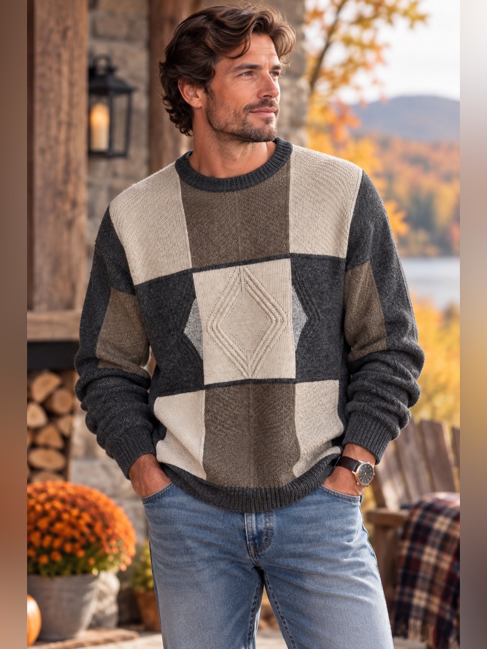 Vintage Norm Thompson Men’s L Merino Wool Geometric Sweater Made Italy